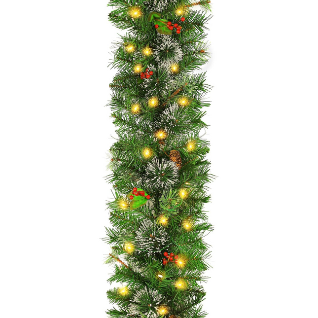 12' Prelit Christmas Garland with 100 Warm White Lights, Artificial Garland with 288 PVC Branch Tips, Adorned with Pinecones & Red Berries, Battery Operated