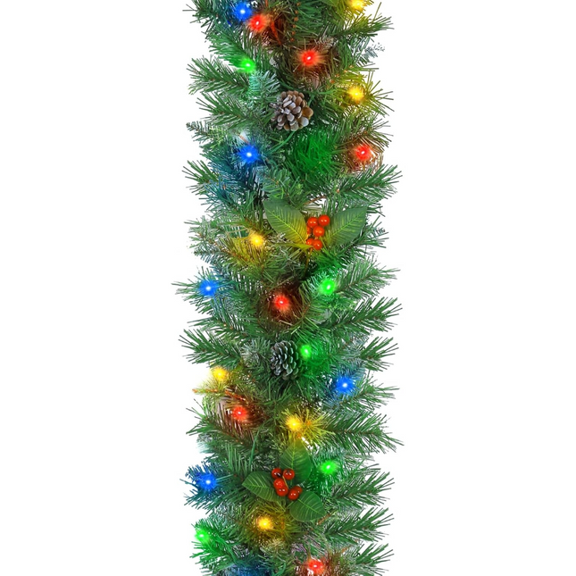 12' Prelit Christmas Garland with 100 Multi Color LED Lights, Artificial Christmas Garland with 316 PVC Branch Tips, Adorned with Pinecones & Red Berries, Battery Operated