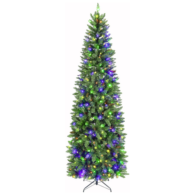 6.5'/7.5'/9' Prelit Pencil Slim Christmas Tree with Color Changing LED Lights, Branch Tips, Metal Stand and Hinged Branches, 10 Color Modes