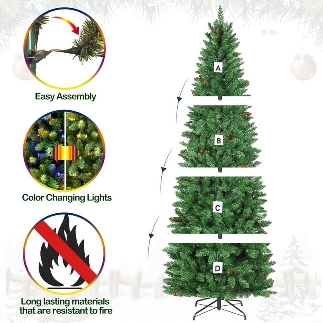 6.5'/7.5'/9' Prelit Pencil Slim Christmas Tree with Color Changing LED Lights, Branch Tips, Metal Stand and Hinged Branches, 10 Color Modes