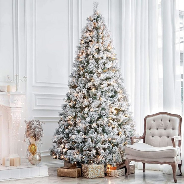 6'/7.5'/9' Snow Flocked Prelit Christmas Tree with Pine Cones, Warm White Lights, Metal Stand and Hinged Branches